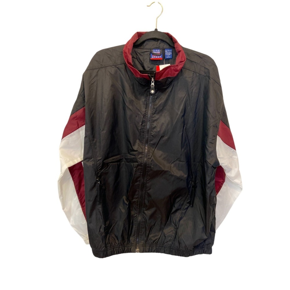 River‎ Trader Sport Jacket Elastic Hem Black Red Mens L Windbreaker Lined